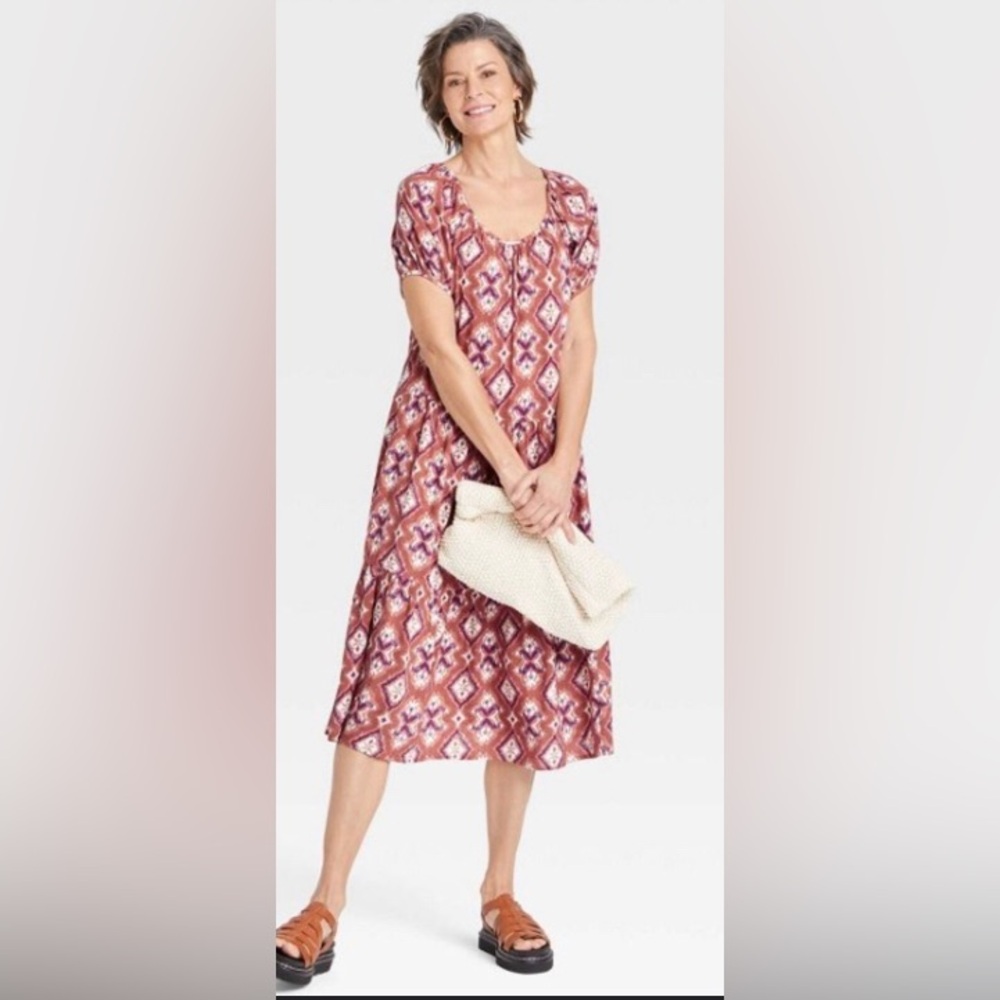 NEW Knox Rose pink floral boho scoop neck‎ tie back flowy tiered midi dress.